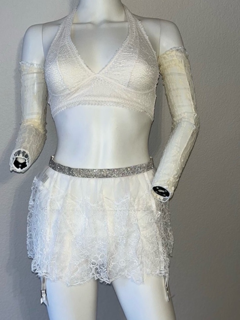 White Lace Halter Bralette Set with Sheer Lace Skirt - Picture 1 of 12